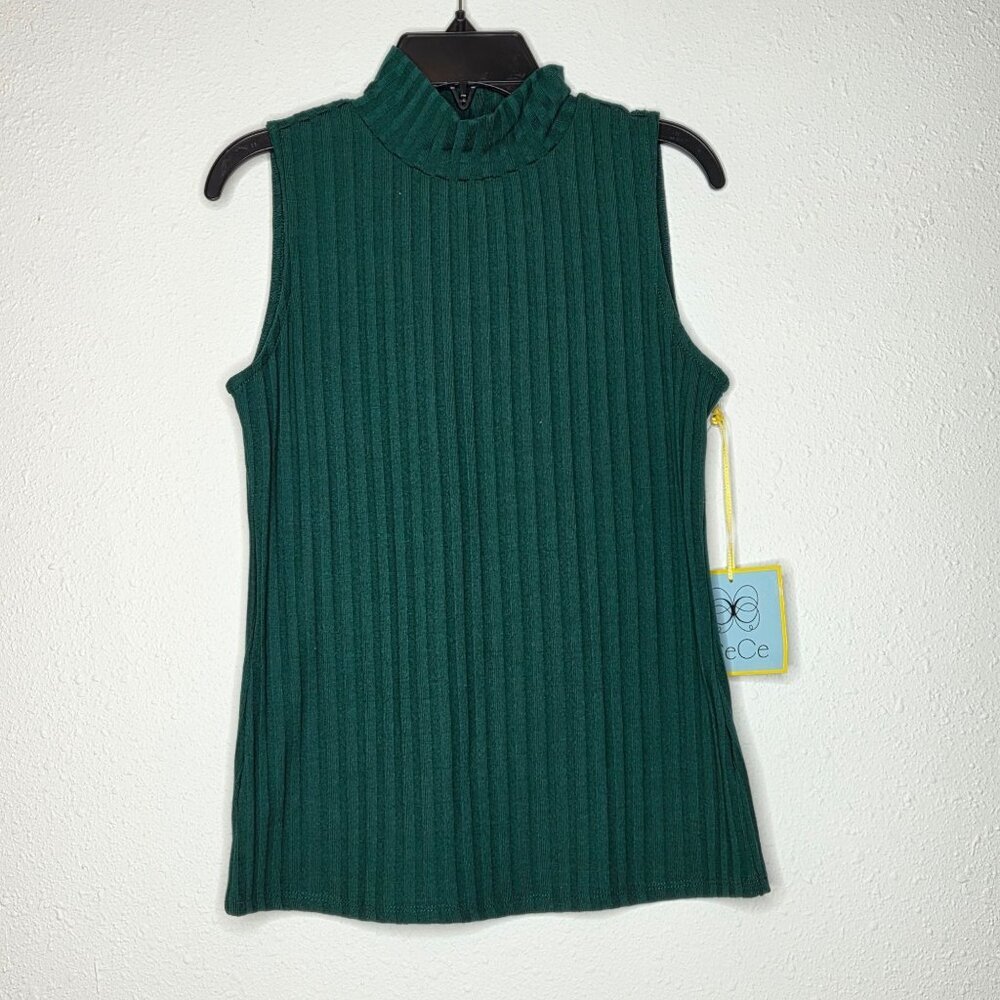 NWT CeCe Women's Sleeveless Mock Neck Wide Rib Knit Top - Forest Green